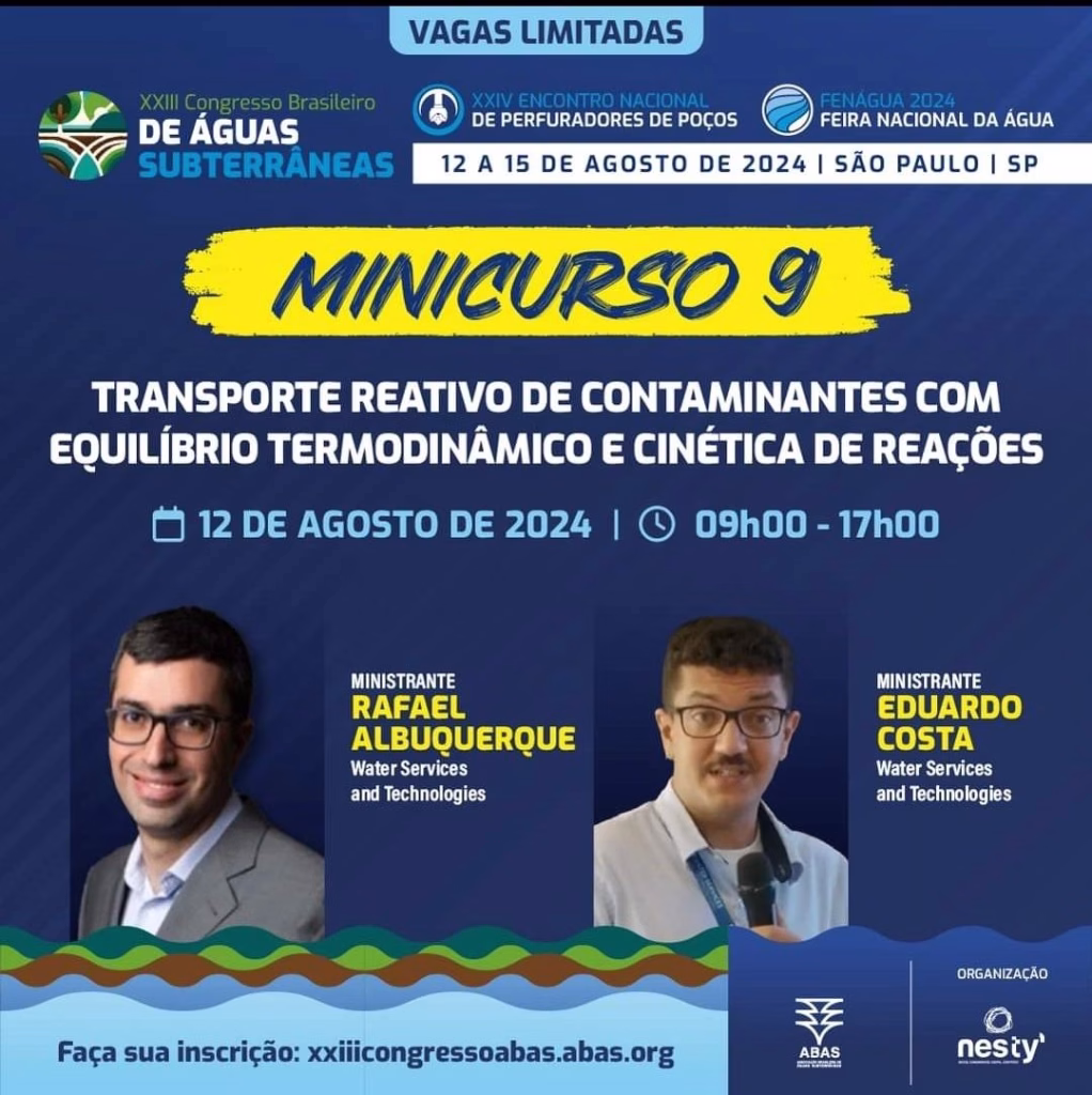 Minicurso sobre transporte reativo de contaminantes inorgânicos oferecido pela Water Services and Technologies durante o XXIII Congresso Brasileiro de Águas Subterrâneas