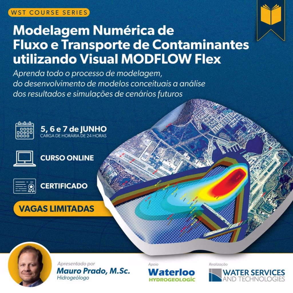 Banner promocional do curso online de modelagem de águas subterrâneas com Visual MODFLOW Flex, oferecido pela Water Services and Technologies. O curso cobre desde a construção do modelo conceitual até a simulação de cenários e análise de resultados