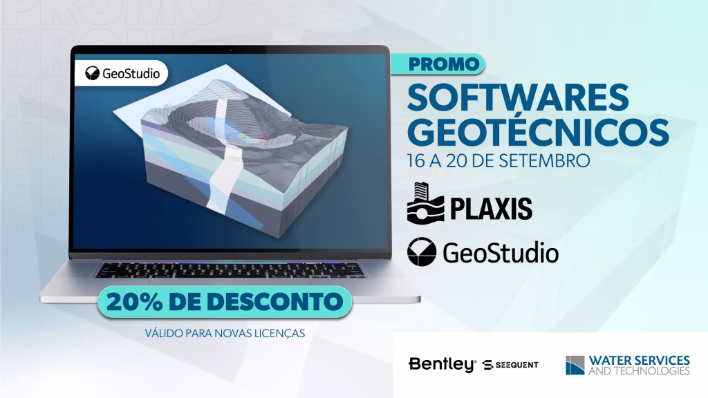 Banner da campanha 'Q3 Sale Week: Infrastructure Appreciation Week', promovida pela Bentley Systems de 16 a 20 de setembro, com descontos exclusivos em licenças de softwares de engenharia. A Water Services and Technologies, parceira oficial da Bentley no Brasil, oferece até 20% de desconto nas licenças PLAXIS e GeoStudio. Descrição dos produtos: PLAXIS LE para análises de estabilidade 2D/3D e fluxo de águas subterrâneas; PLAXIS 2D para análise de elementos finitos em escavações, túneis e fundações; PLAXIS 3D para análises geotécnicas tridimensionais; GeoStudio para estabilidade de taludes e transferência de calor.